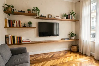 Meuble télé mural dans un petit appartement parisien avec étagères ouvertes et parquet en chêne