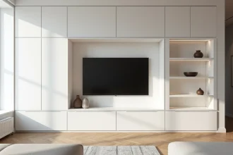 Meuble TV en placo intégré dans un mur de salon avec rangements cachés et portes affleurantes blanc mat