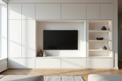 Meuble TV en placo intégré dans un mur de salon avec rangements cachés et portes affleurantes blanc mat
