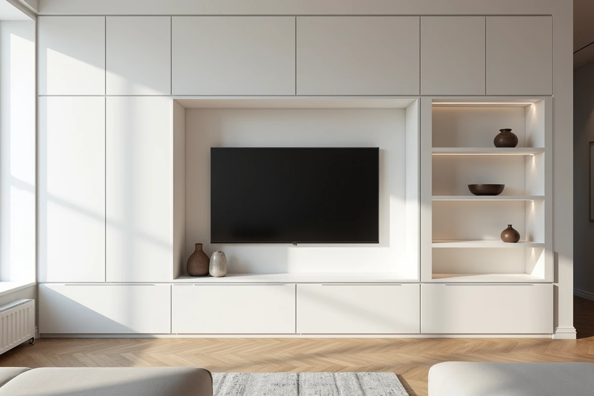 Meuble TV en placo intégré dans un mur de salon avec rangements cachés et portes affleurantes blanc mat