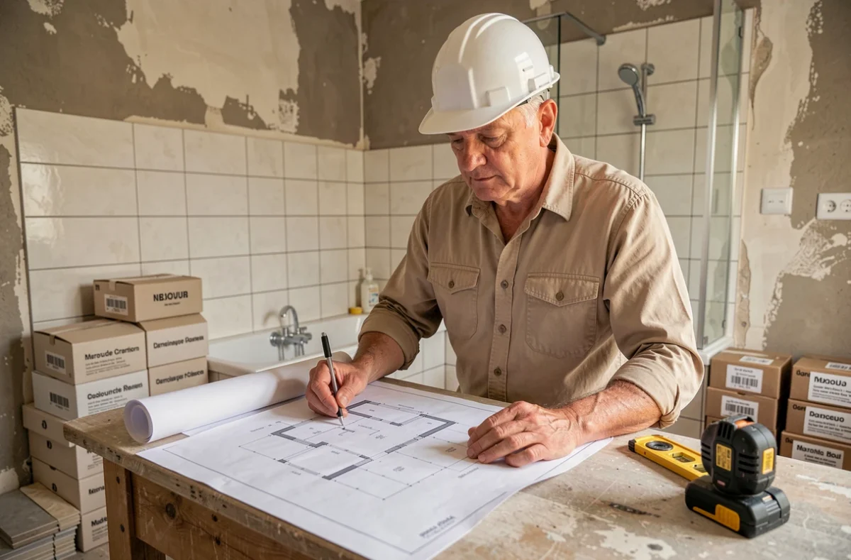 Spécialiste MS Rénovation consultant des plans dans une salle de bain en cours de rénovation dans l'Oise