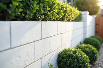 Mur en parpaing extérieur peint en blanc dans un jardin résidentiel avec chemin en gravier et portail en bois