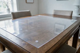 Nappe cristal transparente sans jaunissement posée sur une table en bois, vue rapprochée mettant en valeur la clarté du PVC