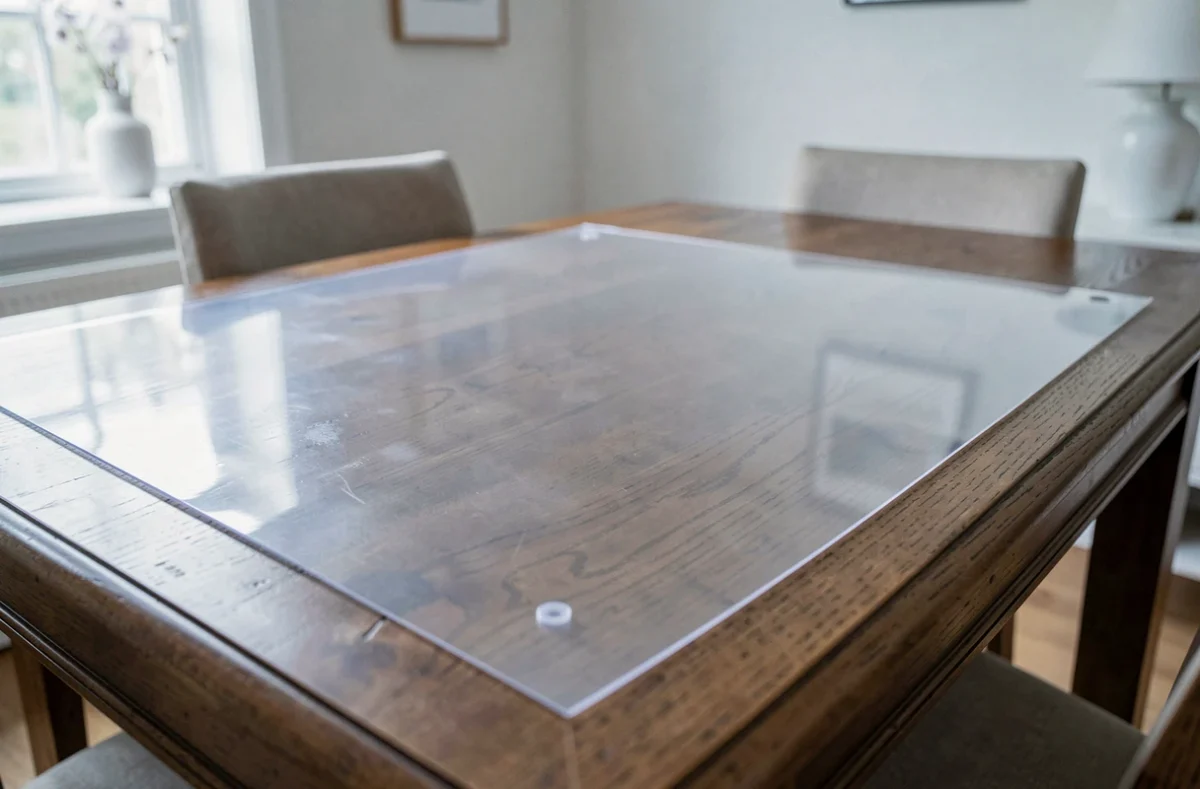 Nappe cristal transparente sans jaunissement posée sur une table en bois, vue rapprochée mettant en valeur la clarté du PVC