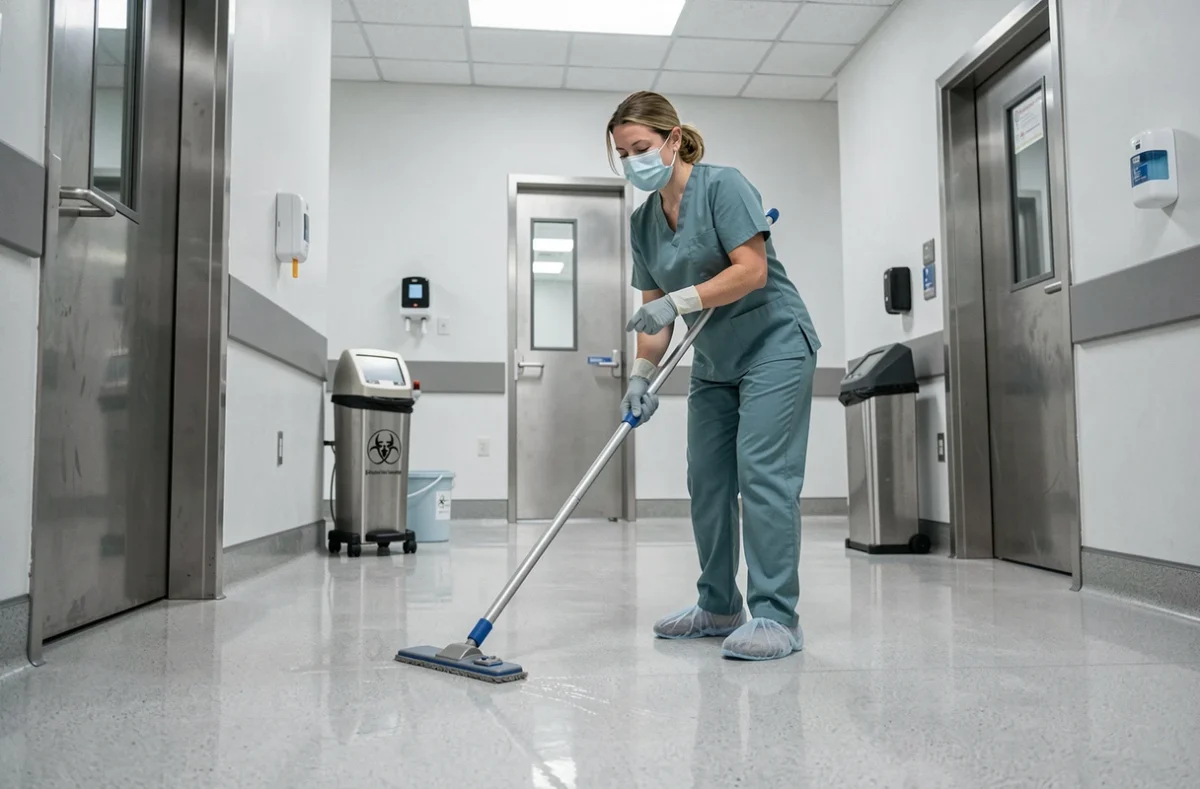 Femme de ménage nettoyant le sol d'un bloc opératoire dans un environnement hospitalier stérile