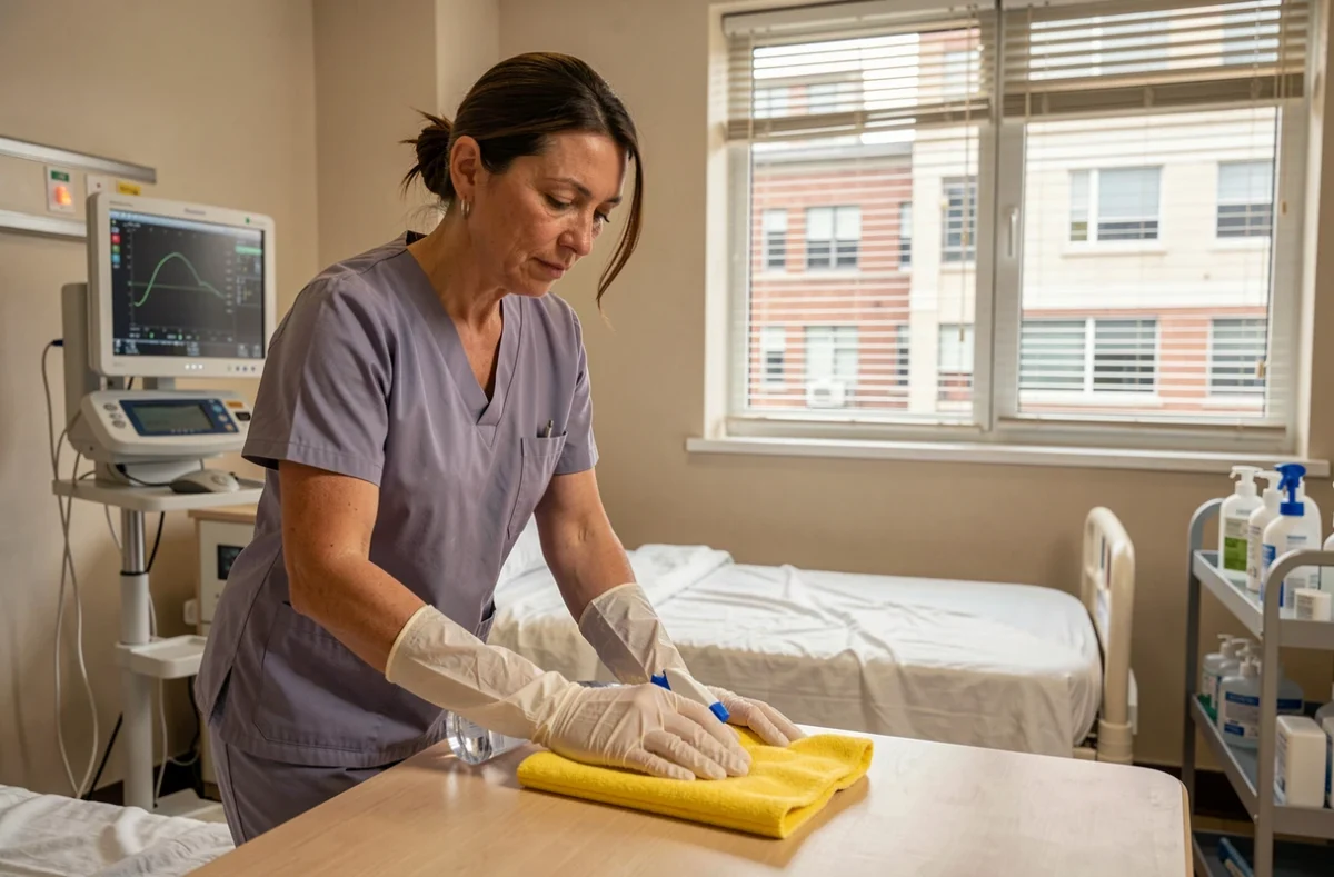 Agent de nettoyage hospitalier désinfectant la table de chevet d'une chambre de patient