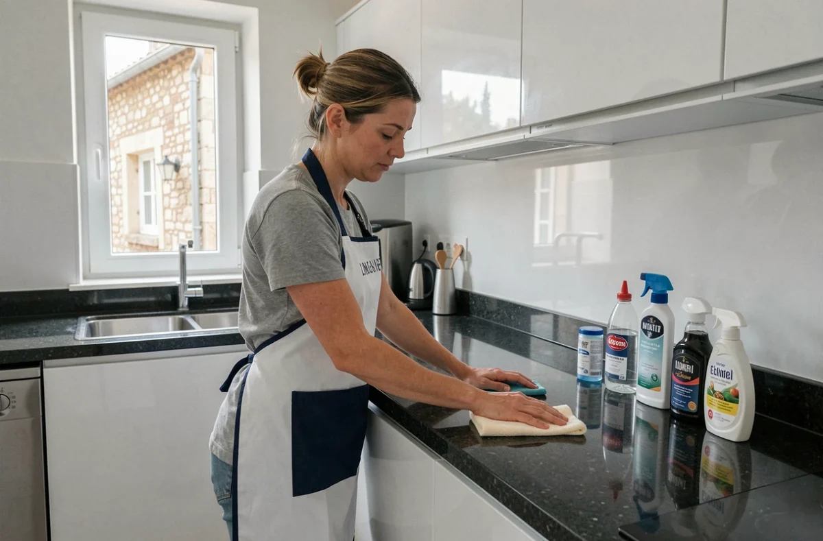 Femme de ménage nettoyant un plan de travail dans une cuisine moderne à Limoges