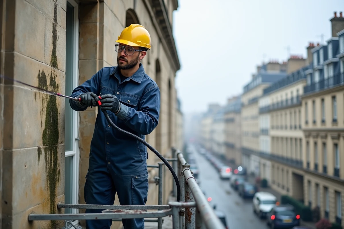 Technicien professionnel nettoyant une façade en pierre encrassée avec un nettoyeur haute pression sur échafaudage