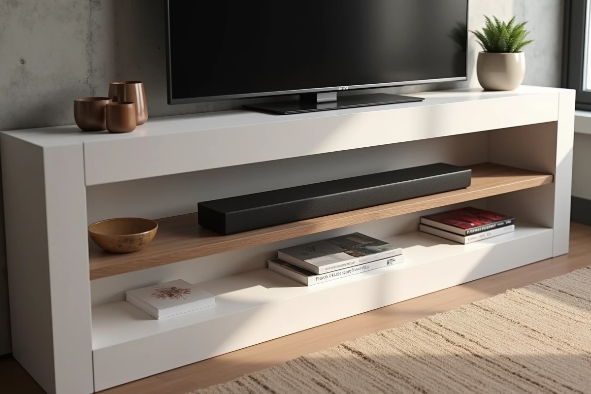 Gros plan sur une niche TV en placo avec rangements ouverts, câbles intégrés et étagère bois encastrée