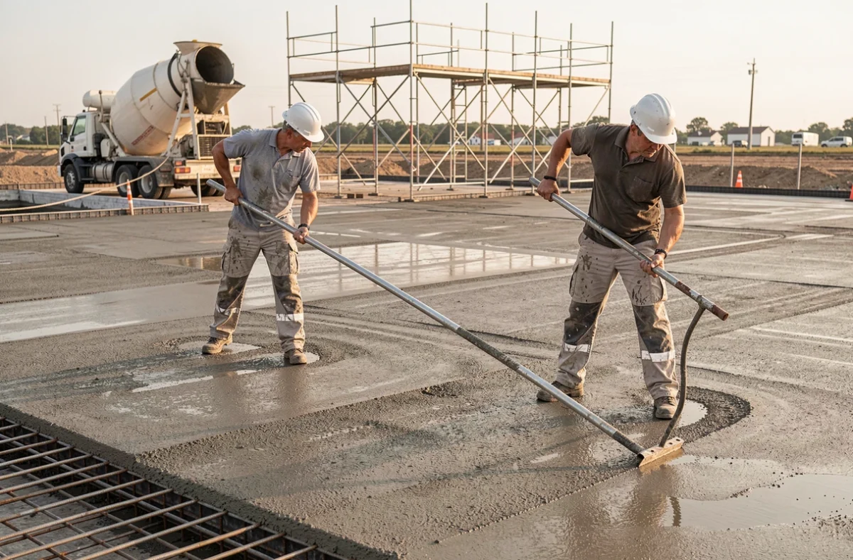 Deux ouvriers en train de régler et niveler un surbet béton avec une règle aluminium sur un chantier commercial