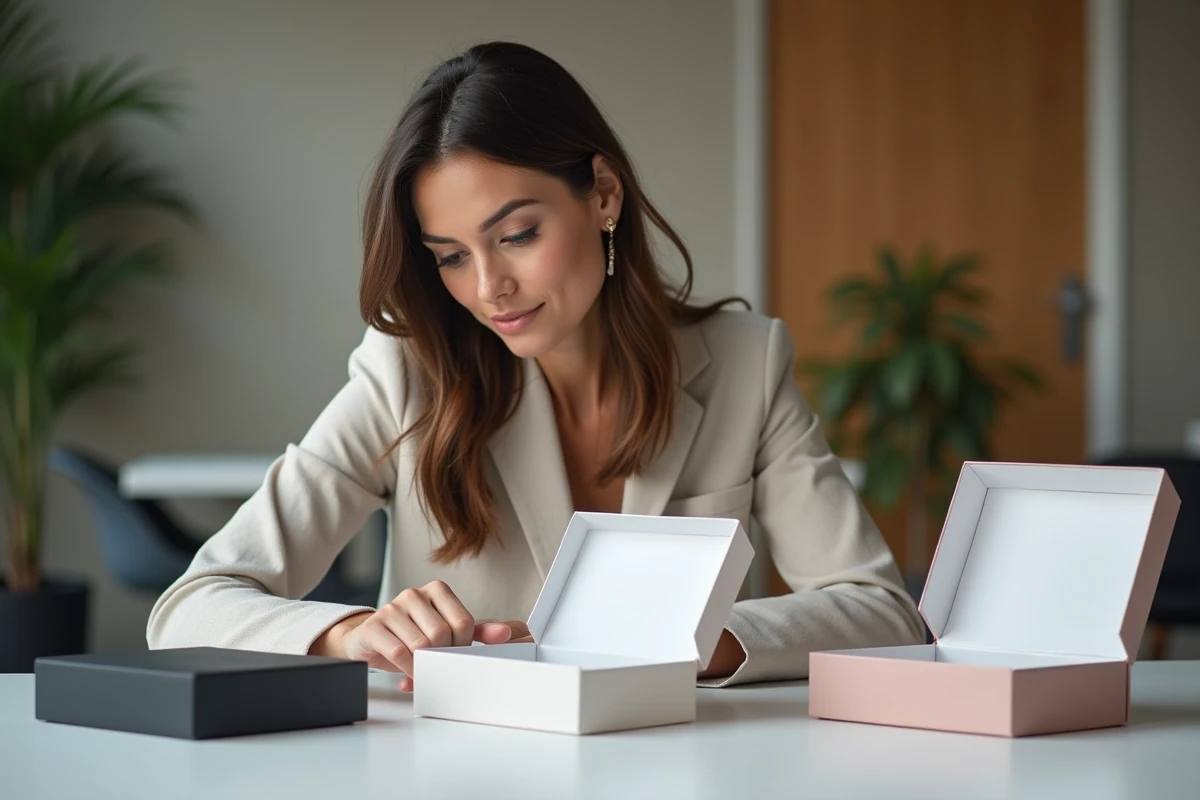 Organisatrice d'événements choisissant des boîtes à cadeaux vides pour un événement d'entreprise