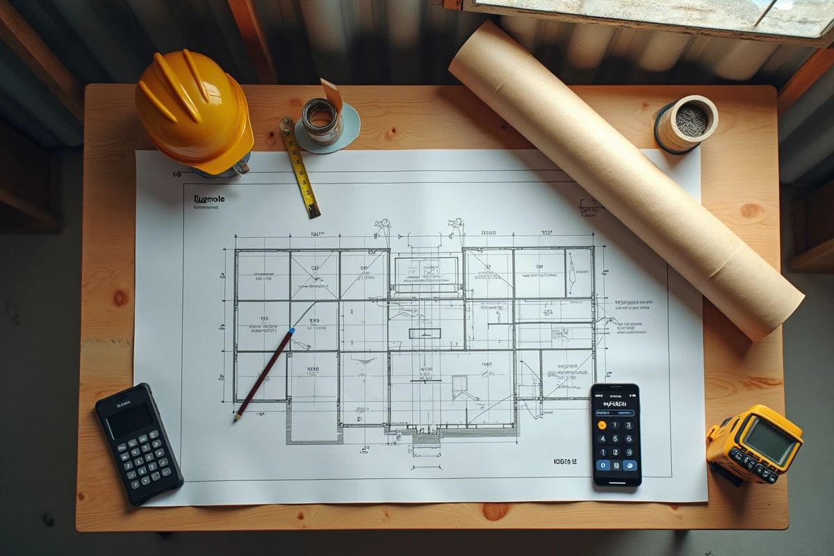 Vue de dessus d'un bureau de chantier avec plans, calculatrice et application mobile pour calculer des m3 de béton