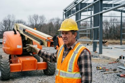 Ouvrier de chantier en haut-visibilite et casque jaune