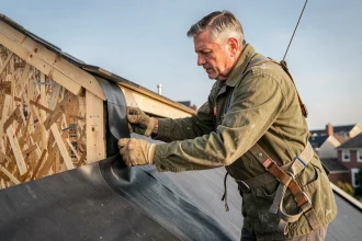 Ouvrier appliquant une membrane d'étanchéité sur un acrotère en ossature bois sur toiture à pente