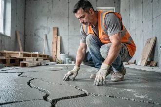 Ouvrier inspectant des fissures sur un surbet béton mal exécuté dans une maison en construction