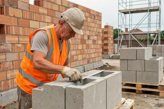 Ouvrier mesurant un parpaing standard au ruban de chantier pour éviter les erreurs de dimensions