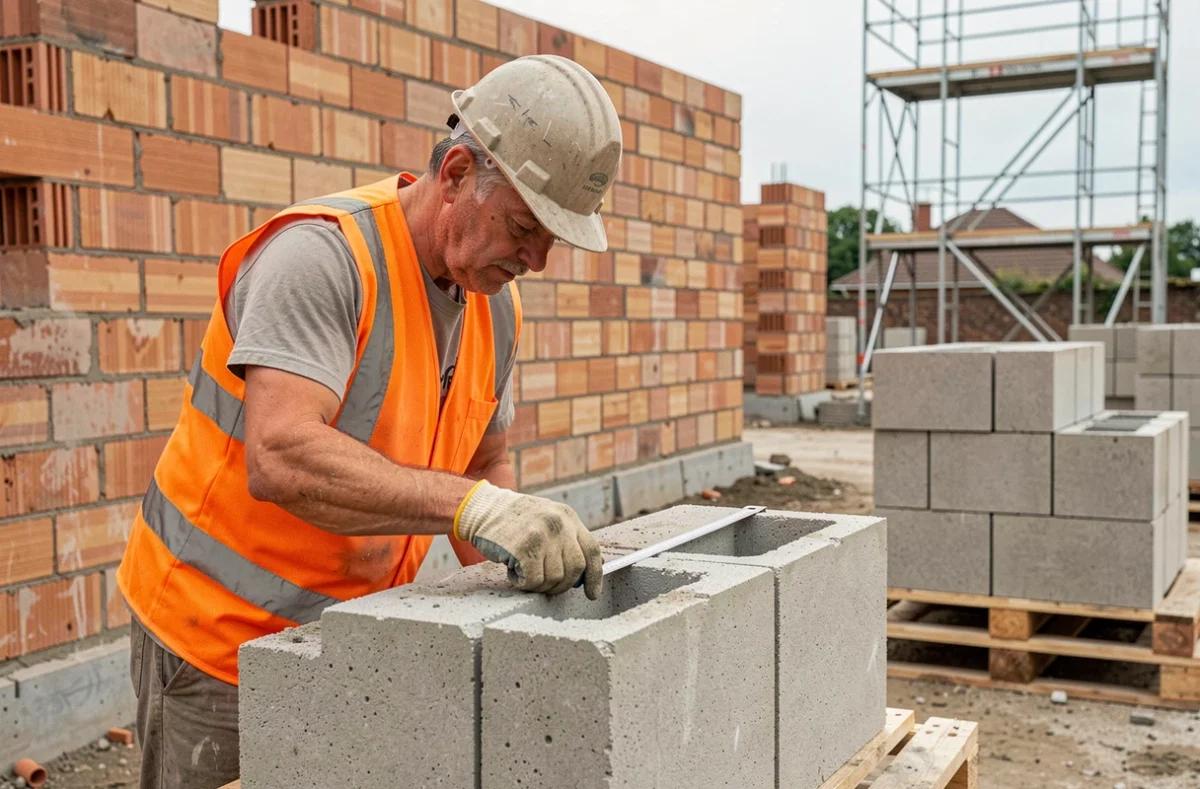 Ouvrier mesurant un parpaing standard au ruban de chantier pour éviter les erreurs de dimensions