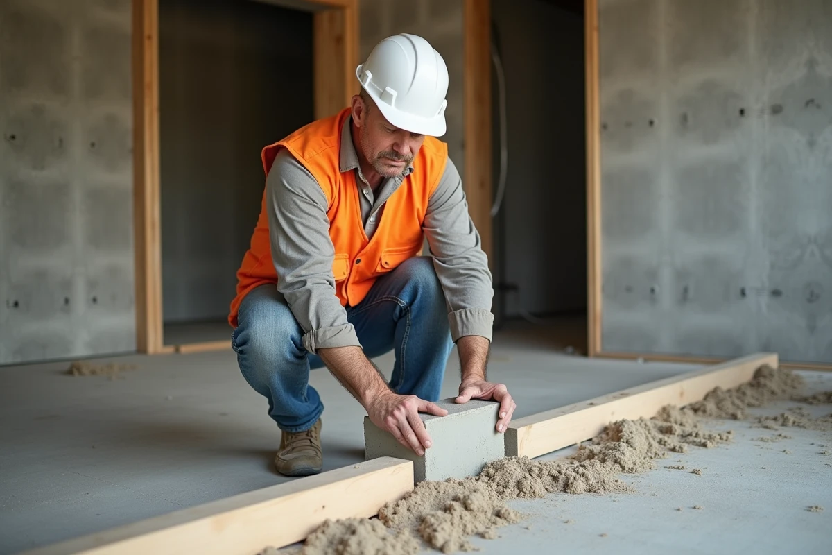 Ouvrier posant un bloc hourdi entre des poutrelles béton lors de la construction du plancher d'une maison neuve