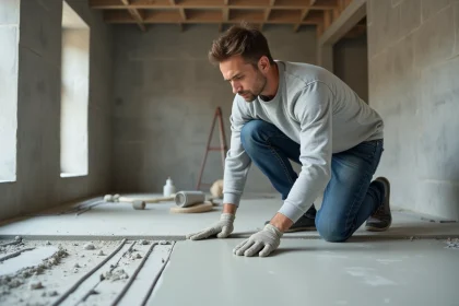 Ouvrier nivelant un screed sur chauffage au sol en rénovation