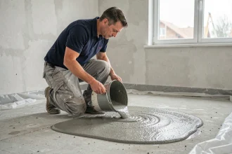 Ouvrier versant un ragréage autonivelant liquide sur un plancher en béton brut dans une pièce en rénovation