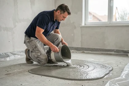 Ouvrier versant un ragréage autonivelant liquide sur un plancher en béton brut dans une pièce en rénovation
