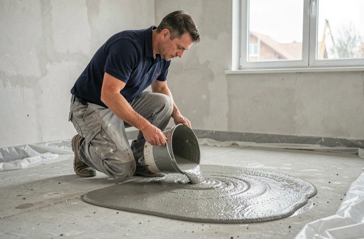 Ouvrier versant un ragréage autonivelant liquide sur un plancher en béton brut dans une pièce en rénovation