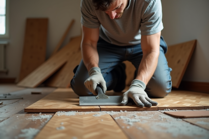 Ouvrier en pantalon de travail retire un vieux parquet