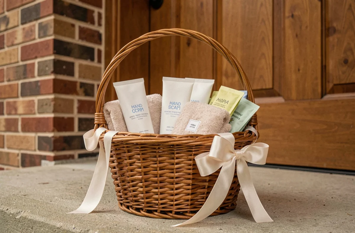 Panier cadeau spa déposé devant une porte d'entrée pour remercier une femme de ménage