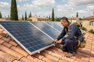 Technicien inspectant un panneau solaire 500 Wc installé sur un toit de tuiles en Provence