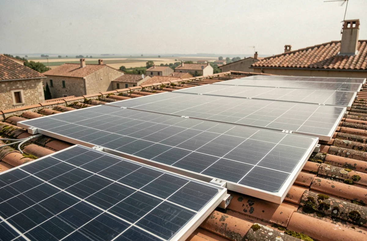 Rangées de panneaux photovoltaïques installés sur une toiture en tuiles dans un quartier résidentiel de Narbonne