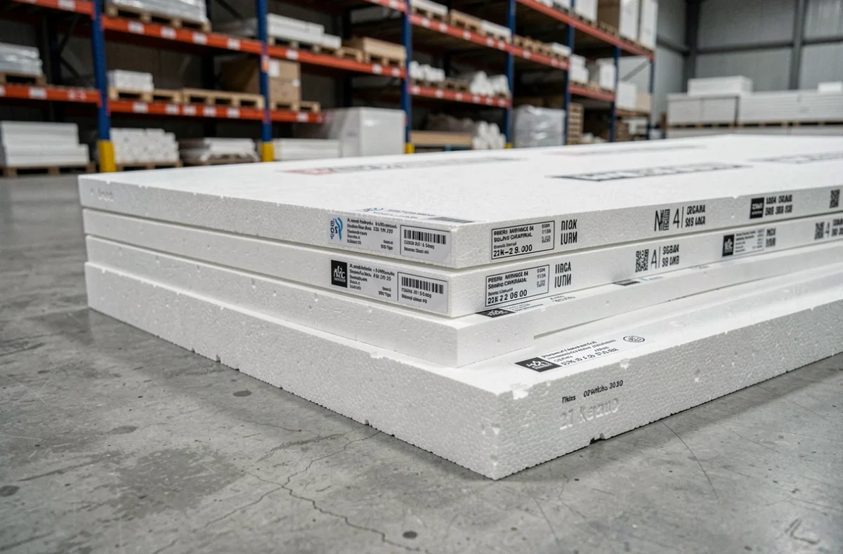 Panneaux de polystyrène expansé pour isolation par l'extérieur empilés dans un entrepôt de matériaux de construction