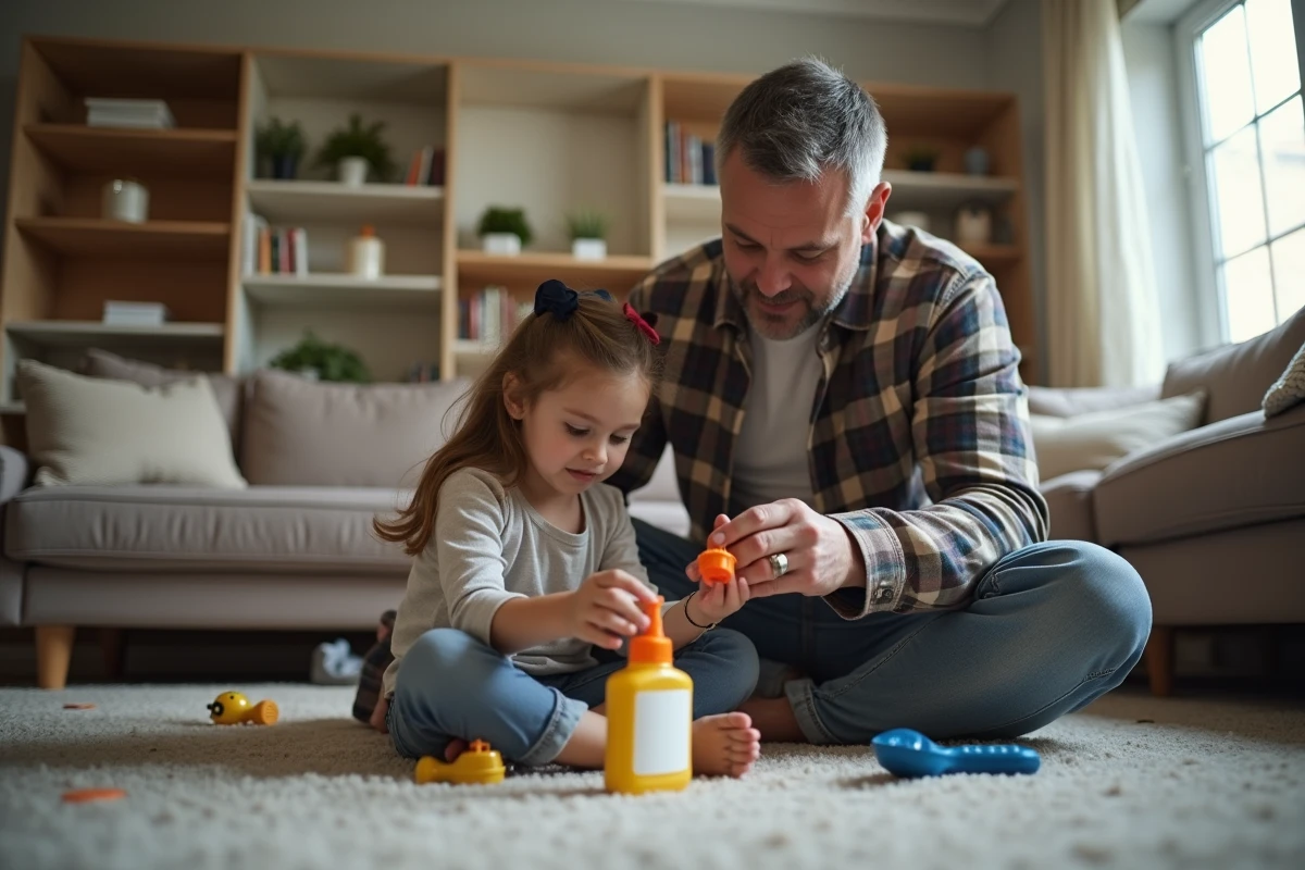 Père et fille examinent une bouteille de colle en famille