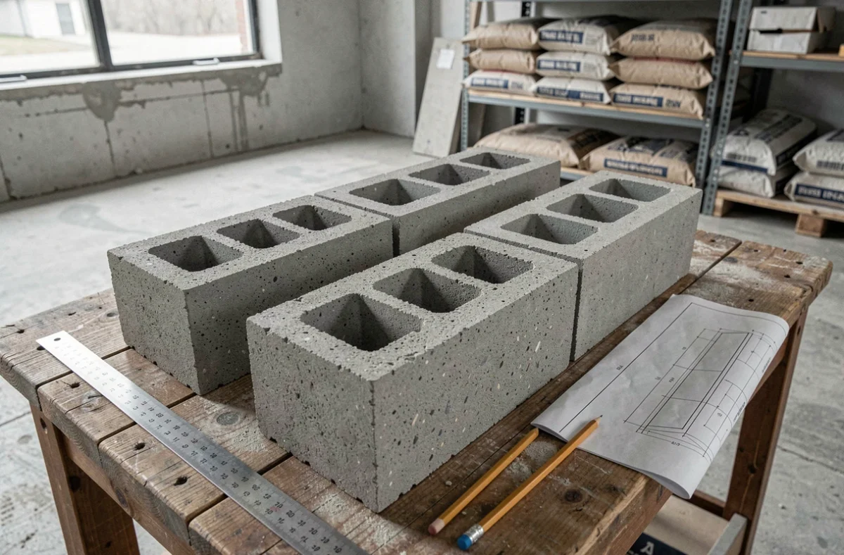 Parpaings standard posés sur établi avec règle et plan technique pour vérification des dimensions