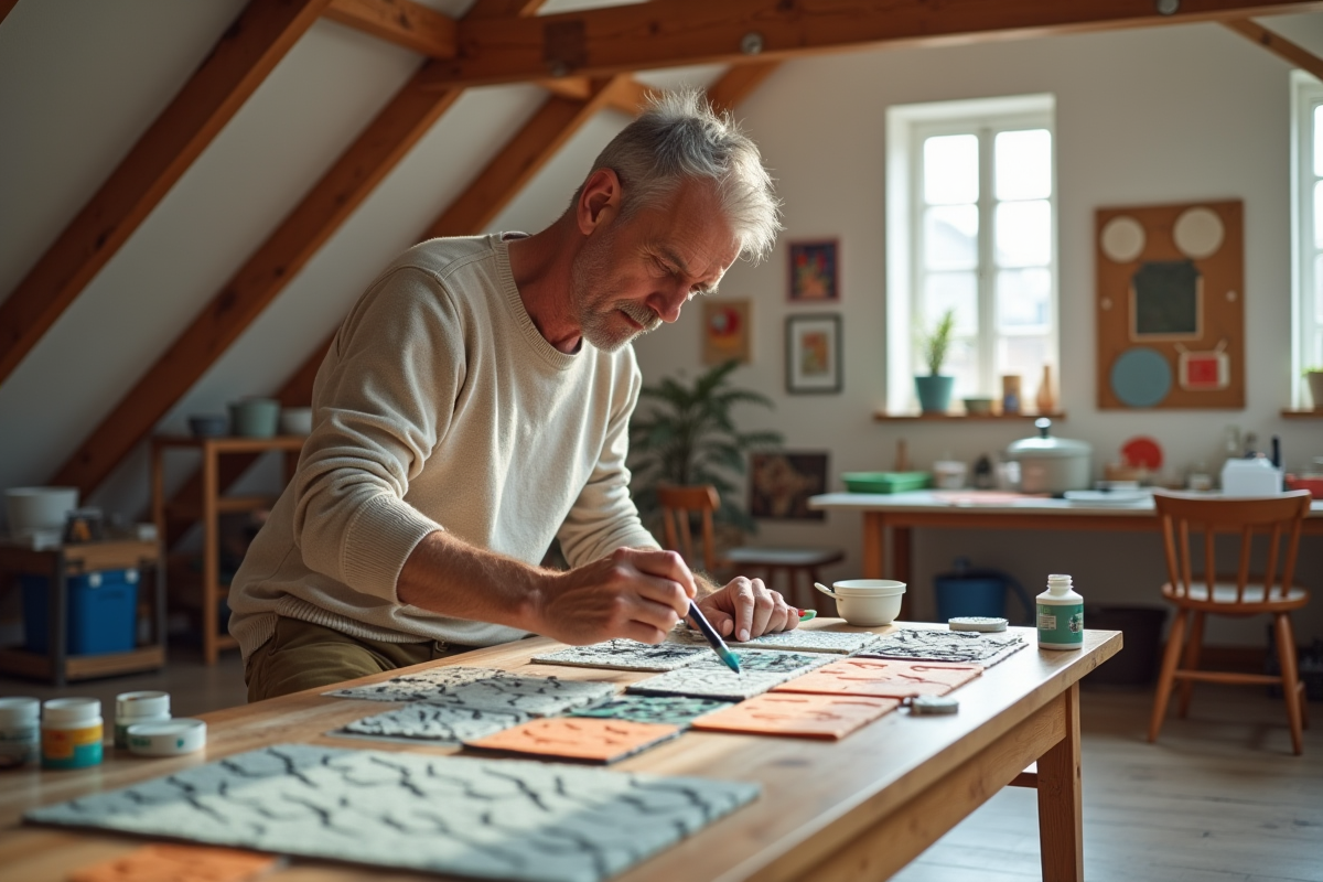 Homme peignant des formes géométriques sur des dalles de plafond