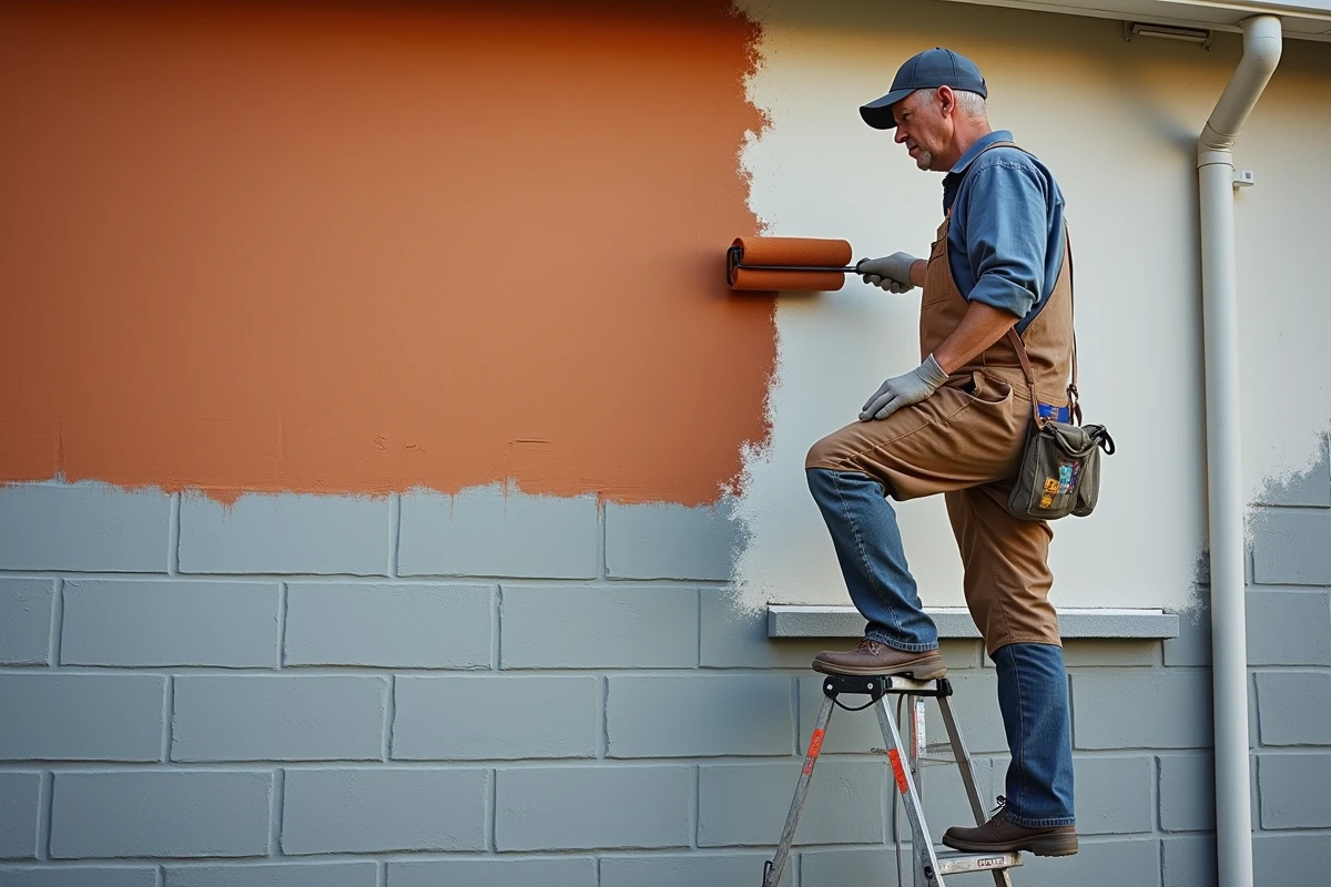 Propriétaire peignant un mur en parpaing extérieur en couleur terracotta avec un rouleau lors d'une rénovation maison