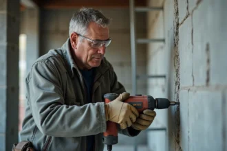 Ouvrier du bâtiment perçant un parpaing creux avec une perceuse à percussion pour insérer une cheville chimique