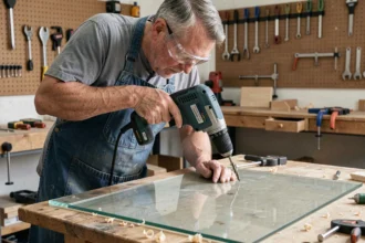 Artisan perçant une feuille de plexiglas avec une perceuse électrique sur un établi en bois dans un atelier