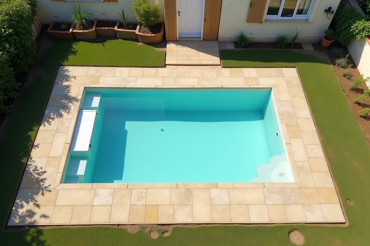 Vue en plongée d'une petite piscine enterrée dans un jardin résidentiel français illustrant la surface imposable