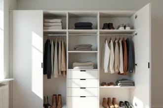 Placard standard transformé en dressing modulable avec étagères ajustables, tiroirs et penderie organisée dans une chambre scandinave