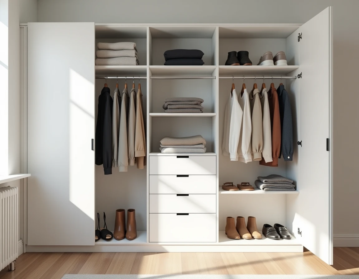 Placard standard transformé en dressing modulable avec étagères ajustables, tiroirs et penderie organisée dans une chambre scandinave
