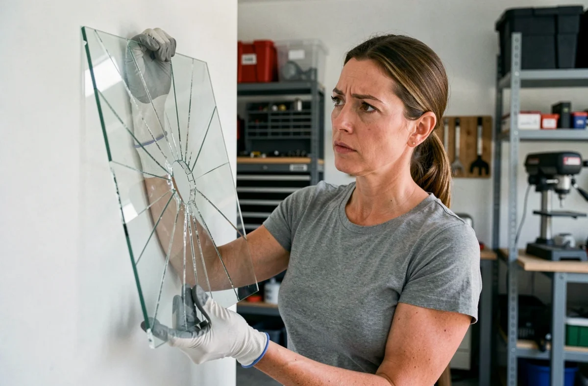 Femme inspectant une feuille de plexiglas fissurée suite à une erreur de perçage dans un atelier domestique