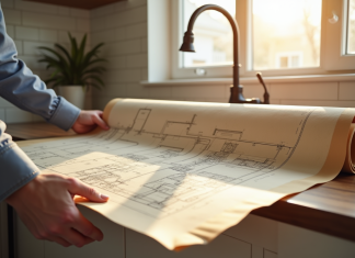 Plans de canalisation maison : comment les retrouver efficacement ? Personne déployant un plan de plomberie ancien dans une cuisine lumineuse