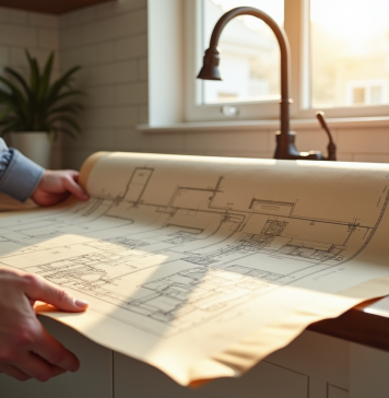 Plans de canalisation maison : comment les retrouver efficacement ? Personne déployant un plan de plomberie ancien dans une cuisine lumineuse