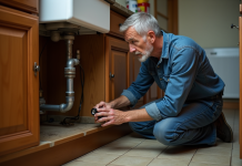 Homme examine un tuyau corrodé sous l'évier de cuisine