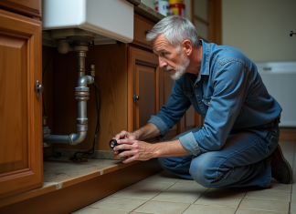Plomberie : Comment déterminer si elle nécessite des réparations ? Homme examine un tuyau corrodé sous l'évier de cuisine