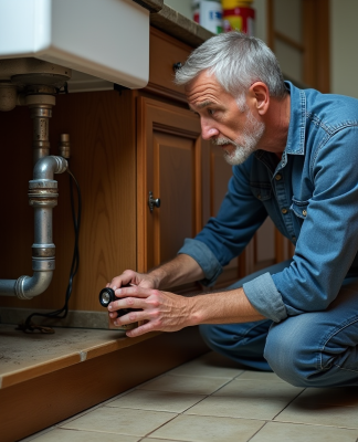 Homme examine un tuyau corrodé sous l'évier de cuisine