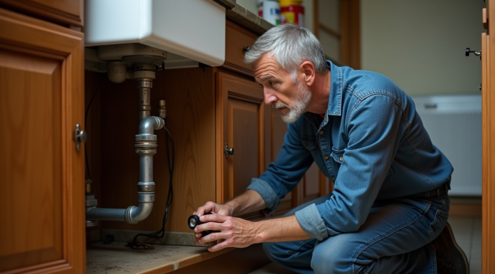 Homme examine un tuyau corrodé sous l'évier de cuisine