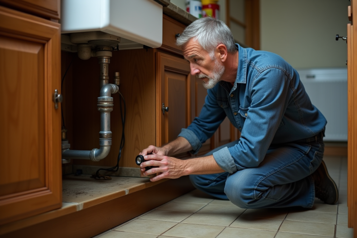 Homme examine un tuyau corrodé sous l'évier de cuisine