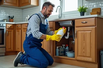 Plombier portant des gants de protection lisant attentivement l'étiquette d'un produit déboucheur chimique sous un évier de cuisine