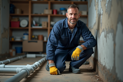 Plombier en tenue de travail près de tuyaux PVC dans un sous-sol